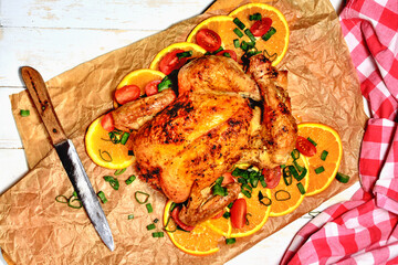Top view of grilled chicken on oranges and tomatoes. Silver cutlery on baking paper and a red and white checkered kitchen towel in the background.
