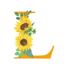 ABC, Letter L of Latin alphabet decorated with sunflowers and leaves, floral monogram watercolor illustration in simple hand painted style, summer flowers decorative letter