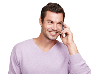 Man, phone call and smile for communication and connection with a contact online.Happy male model with smartphone for conversation, talking or friendly chat isolated on a transparent, png background
