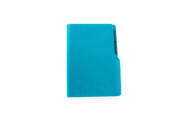 Blue notebook isolated on white background. Top view, flat lay.