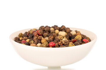 Mixture of four pepper peas with white plate, macro, isolated on white background.