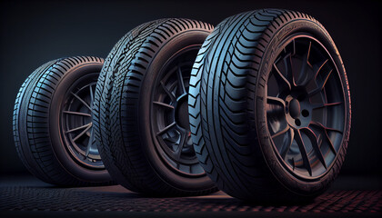 New realistic group of car tires on dark background Ai generated image