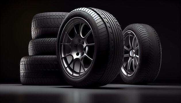 New realistic group of car tires on dark background Ai generated image