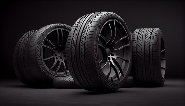 New realistic group of car tires on dark background Ai generated image