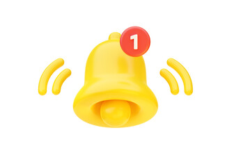 Bell icon 3d render - mail ui yellow illustration, alarm element, new attention web concept and gold online push sign