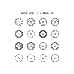 Diamond discs icons set. Discs for angle grinders. Cutting, metal, wood, concrete, granite, ceramics, asphalt, laminate.