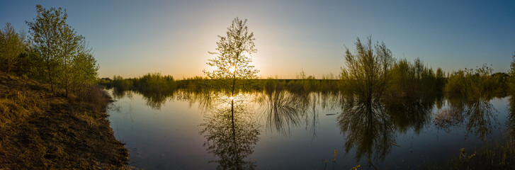 Panorama at sunset on levee of Sacramento river 