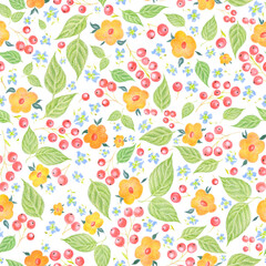 Seamless floral pattern. Hand drawn simple illustration of leaves, berries and flowers. Spring or summertime vibes. Cute cartoon style drawing. Graphic element for wrapping paper or textile design.