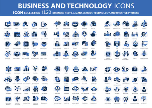 Business people, management and technology icons set. Businessman icons collection. Teamwork, human resources, meeting, partnership, work group, success, resume, creative process