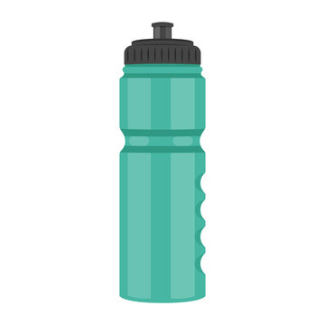 Vector illustration of a green sports water bottle on a white background. The concept of a healthy lifestyle, water balance. Image for sports design, stickers, web design elements, postcards, banners.