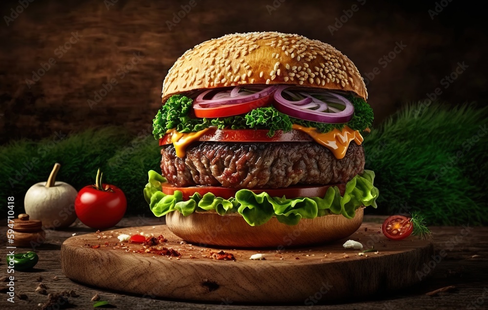 Aufkleber Burger in front view, topped with condiments and sitting on a wooden table Generative AI