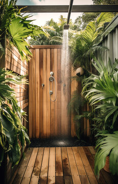 Outdoor shower with wood and natural ferns