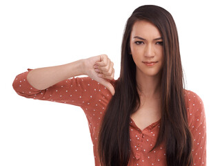 Thumbs down, wrong and portrait of woman on png for fail, feedback and vote. Review, opinion and...