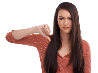 Thumbs down, wrong and portrait of woman on png for fail, feedback and vote. Review, opinion and problem with female and hand gesture isolated on transparent background for bad news and disagreement