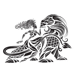 Fototapeta premium stylized picture in which a beautiful woman tamed a big scary monster, isolated object on a white background, vector illustration,