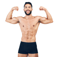 Portrait, flexing arms or happy man with fitness or wellness after workout isolated on transparent png background. Muscular model, six pack abs or strong athlete with muscles in exercise or training