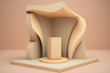 abstract beige podium display with a rectangular column on a round stand, Generative AI