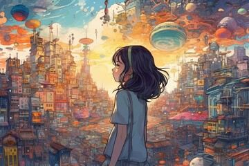 A female elementary school student in a sci-fi and futuristic world of the city, Japanese anime style colorful 2d. generative AI