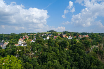 Fototapeta na wymiar Scenic landscape of the town of Hohnstein and its surrounding countryside, Saxon Switzerland, Saxony, Germany, Europe.