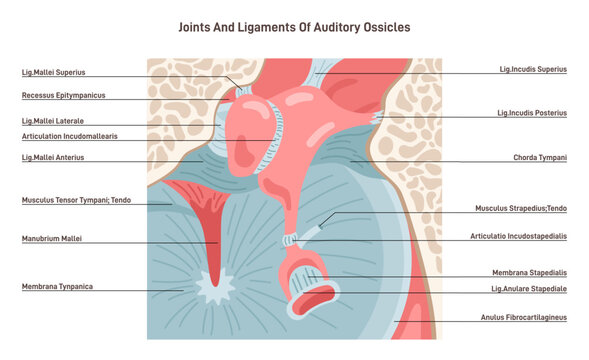 Auditory ossicles joints and ligaments. Middle ear tympanic membrane