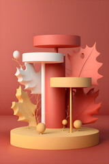 red-yellow podium display consisting of multi-level round stands on thin legs, Generative AI