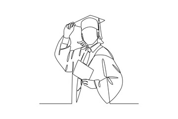 Continuous one line drawing happy male or female student using graduation gowns and caps. Graduation concept. Single line draw design vector graphic illustration.