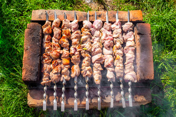 juicy pieces of pork meat are skewered and baked on a homemade brick grill. Village spring picnic,...
