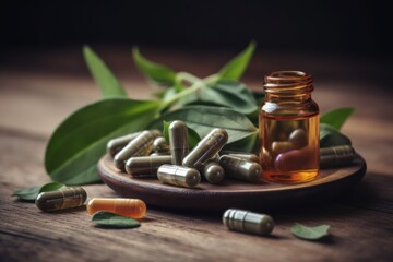 Medicine Organic Health Supplements: Herbal and Vitamin Capsules, generative ai - obrazy, fototapety, plakaty