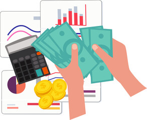investment concept. hand holding dollar bill and business document graphics