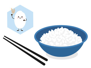 Rice bowl with chopsticks and rice seed cartoon on hexagon sign vector illustration.