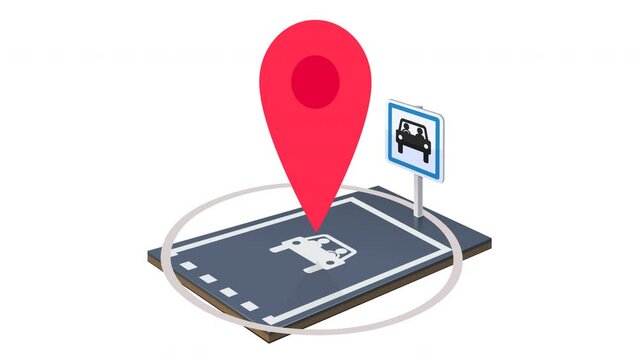 Looping animation of a red map location marker hopping over a parking spot with the carpool reserved area symbol and sign (white background, transparency, alpha channel,green background)