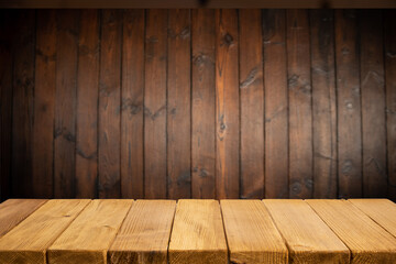 Empty wooden table and blurred cafe background, product display. High quality photo