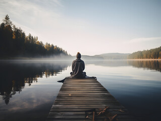 Person Meditating on Lakeside foodbridge with Forest and Mountains in Background, ai generated