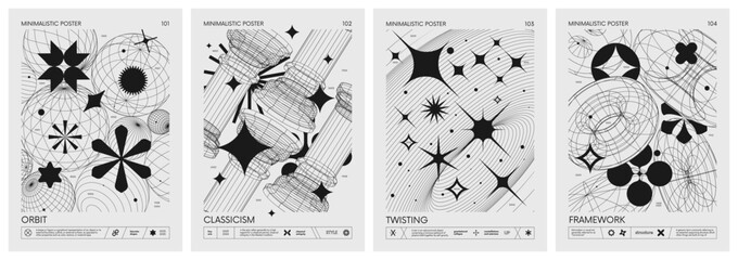 Fototapeta na wymiar Futuristic retro vector minimalistic Posters with 3d strange wireframes form graphic of geometrical shapes modern design inspired by brutalism and silhouette basic figures, set 26