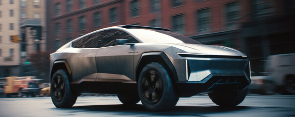 Modern cybertruck car driving on road