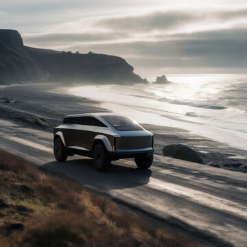 Off road car driving on coast cloudy day