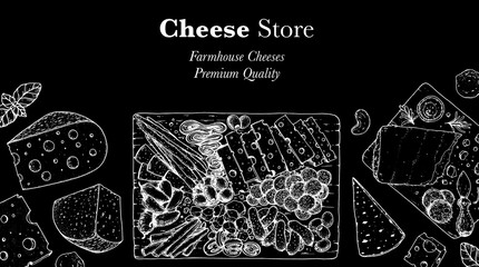Cheese sketch, hand drawn illustration, top view frame. Food design template. Package pattern. Vector illustration with collection of cheese. Engraved style image. Dairy farm products cheese.