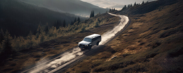 Off road suv car driving on road at mountains