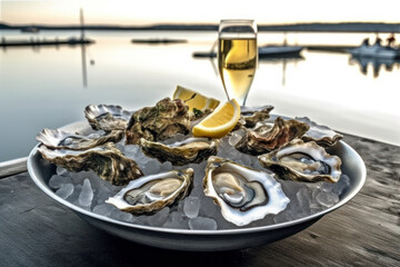 Plateau d'huitres fraiches avec citron sur un lit de glace avec un verre de vin blanc, mer et port de pêche à l'arrière plan