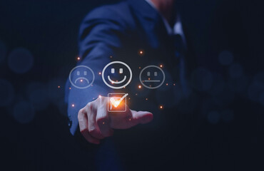 business man showing happy smile good feedback rating positive customer reviews rating satisfaction...