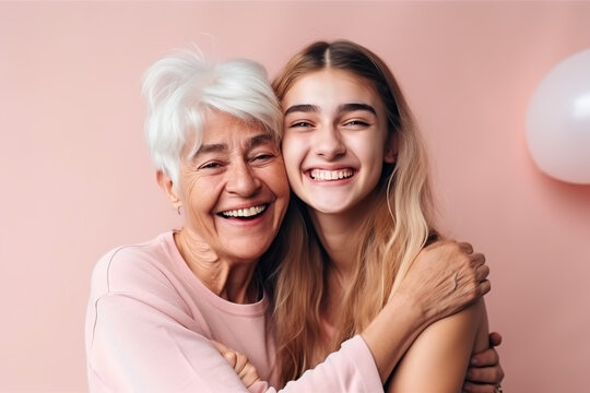 Happy grandmother and granddaughter, hugging. Generate by ai