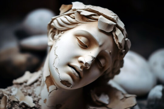 Broken ancient greek statue woman head falling in pieces. Broken marble female sculpture, cracking bust, concept of depression, memory loss, mentality loss or illness. AI generated