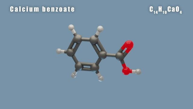 Calcium benzoate molecule of C14H10CaO4 3D Conformer animated render. Food additive E213. Isolated background and alpha layer, seamless loop.
