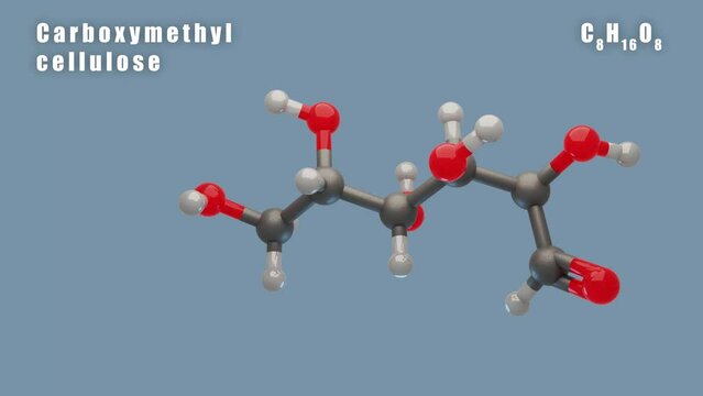 CARBOXYMETHYL CELLULOSE molecule of C8H16O8 3D Conformer animated render. Food additive E466. Isolated background and alpha layer, seamless loop.