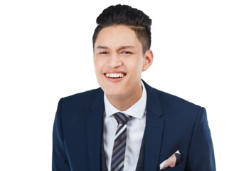 Portrait, businessman or curious facial expression isolated on a transparent png background. Man in huh, what or question emoji and smile, happy or confused employee for ideas, vision or listening