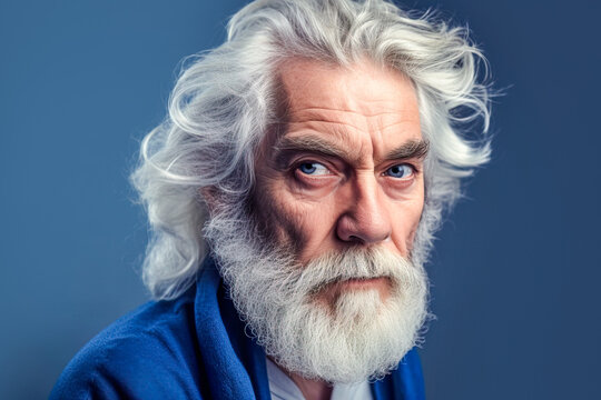 Generative AI illustration with portrait of confident senior man with gray hair looking at camera against blue background in studio