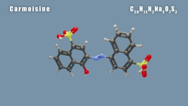 Carmoisine of C20H12N2Na2O7S2 3D Conformer animated render. Food additive E122
Isolated background and alpha layer, seamless loop.