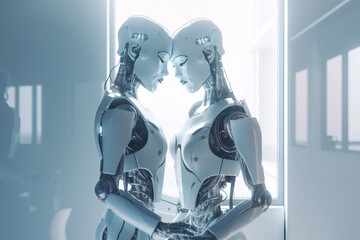 Generative AI illustration of side view of romantic young lesbian robots embracing in modern white room in daylight