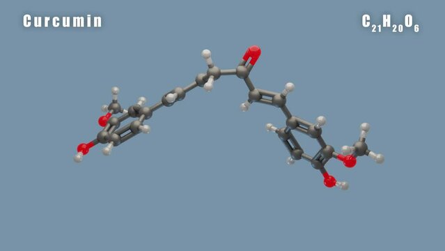 Curcumin of C21H20O6 3D Conformer animated render. Food additive E100
Isolated background and alpha layer, seamless loop.