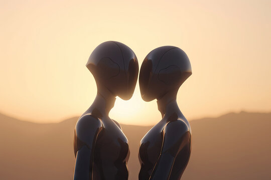Generative AI illustration of side view of couple of aliens standing in front of each other against cloudless sunset sky